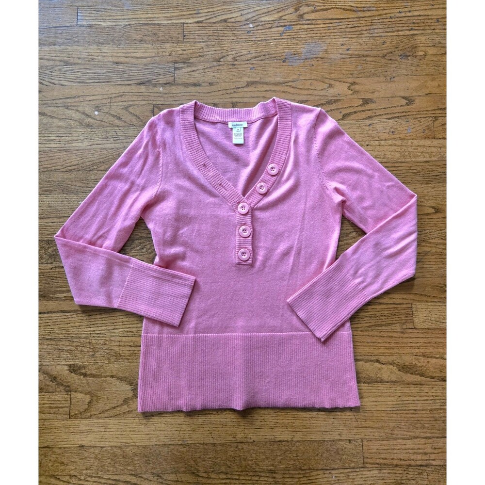Sundance Angora Blend Coral Pink V-Neck Henley Knit Sweater Size Medium